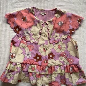 Floral Pink and Cream Blouse with Ruffled Waist